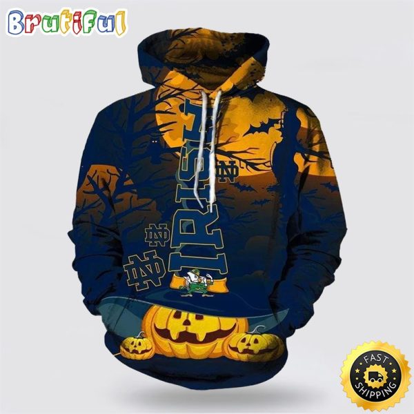 Notre Dame Fighting Irish Pumpkin Night Halloween 3D Hoodie Notre Dame Fighting Irish Fan Gift Ideas