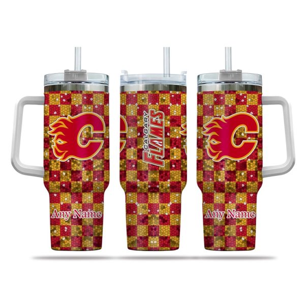 NHL Calgary Flames Stained Glass Effect Custom Stanley Quencher 30oz-40oz Stainless Steel Tumbler Hot And Cold Tumbler