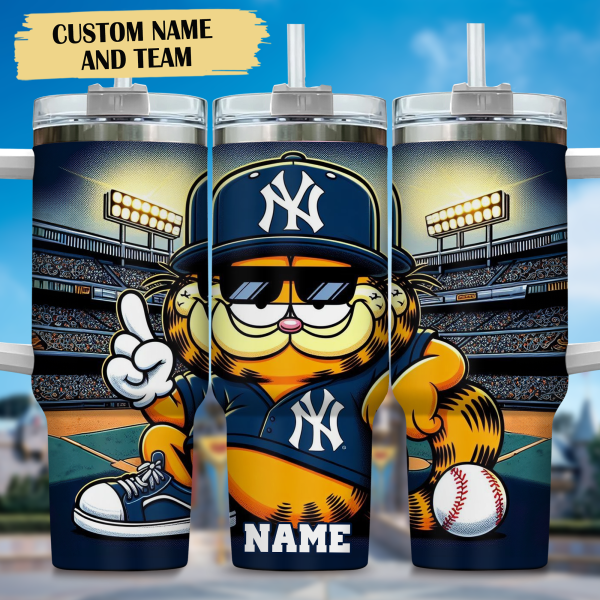 Garfield and New York Yankees Cartoon,MLB Custom Stanley Quencher 30oz-40oz Stainless Steel Tumbler Hot And Cold Tumbler