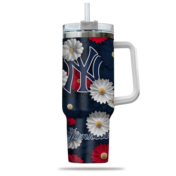 New York Yankees MLB Flowers Custom Stanley Quencher 30oz-40oz Stainless Steel Tumbler Hot And Cold Tumbler - Image 2