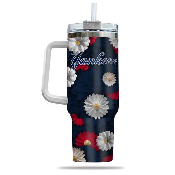 New York Yankees MLB Flowers Custom Stanley Quencher 30oz-40oz Stainless Steel Tumbler Hot And Cold Tumbler - Image 3