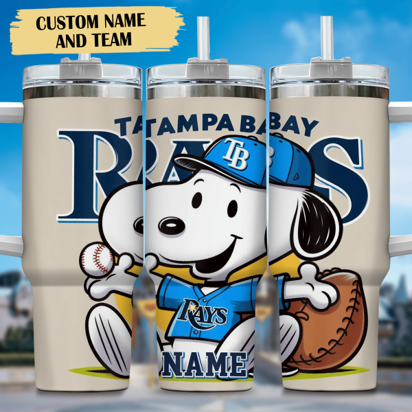 Snoopy and Tampa Bay Rays Cartoon,MLB Custom Stanley Quencher 30oz-40oz Stainless Steel Tumbler Hot And Cold Tumbler