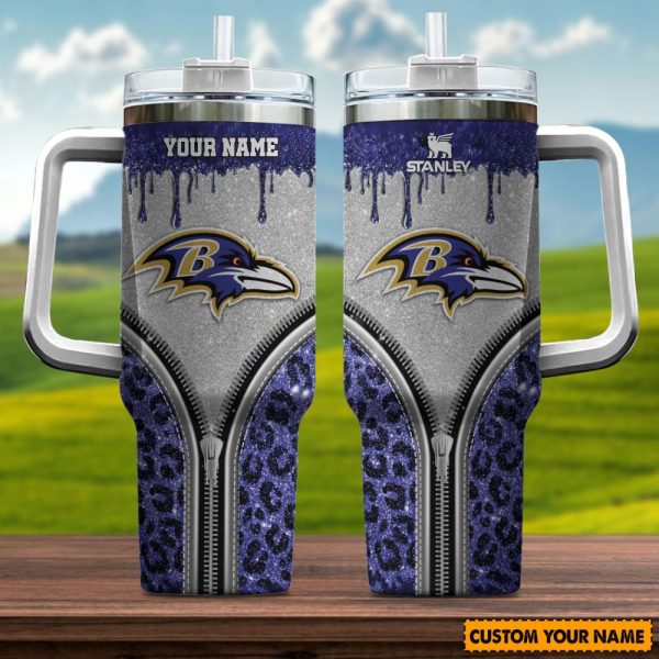 Baltimore Ravens NFL Glitter Leopard Print Custom Stanley Quencher 30oz-40oz Stainless Steel Tumbler Hot And Cold Tumbler