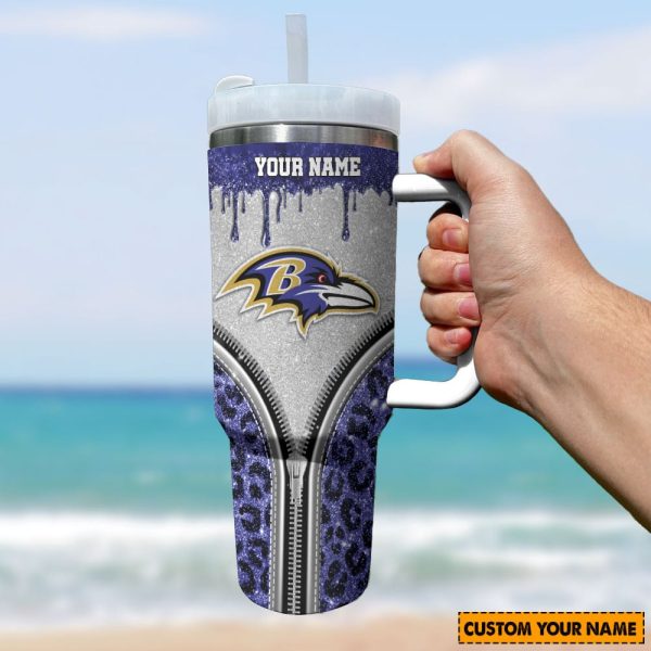 Baltimore Ravens NFL Glitter Leopard Print Custom Stanley Quencher 30oz-40oz Stainless Steel Tumbler Hot And Cold Tumbler - Image 2