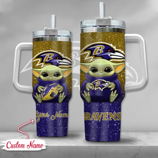 NFL Baltimore Ravens Baby Yoda Custom Stanley Quencher 30oz-40oz Stainless Steel Tumbler Hot And Cold Tumbler