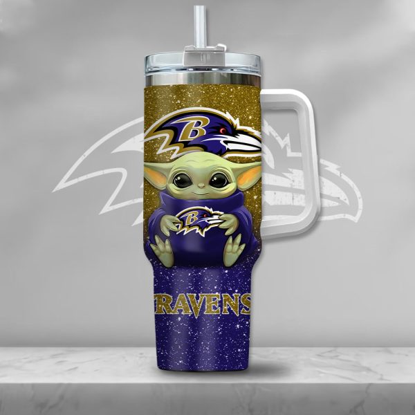 NFL Baltimore Ravens Baby Yoda Custom Stanley Quencher 30oz-40oz Stainless Steel Tumbler Hot And Cold Tumbler - Image 2