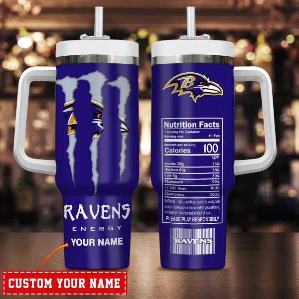 Baltimore Ravens NFL Energy Nutrition Facts Custom Stanley Quencher 30oz-40oz Stainless Steel Tumbler Hot And Cold Tumbler