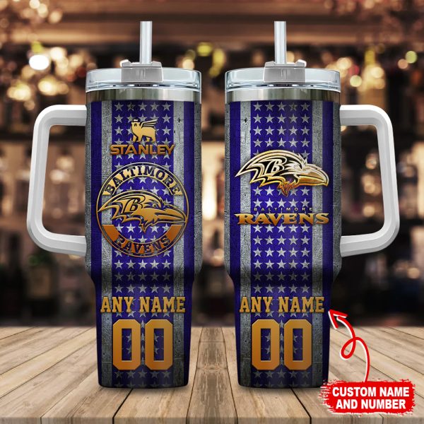 Baltimore Ravens NFL Golden Logos US Flag Custom Stanley Quencher 30oz-40oz Stainless Steel Tumbler Hot And Cold Tumbler