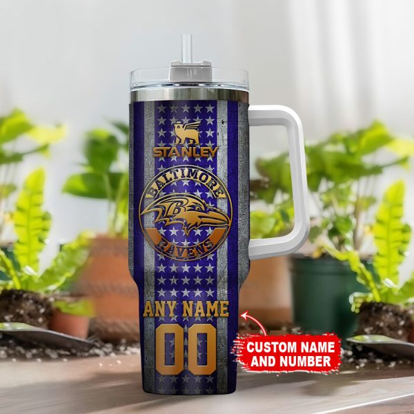 Baltimore Ravens NFL Golden Logos US Flag Custom Stanley Quencher 30oz-40oz Stainless Steel Tumbler Hot And Cold Tumbler - Image 2