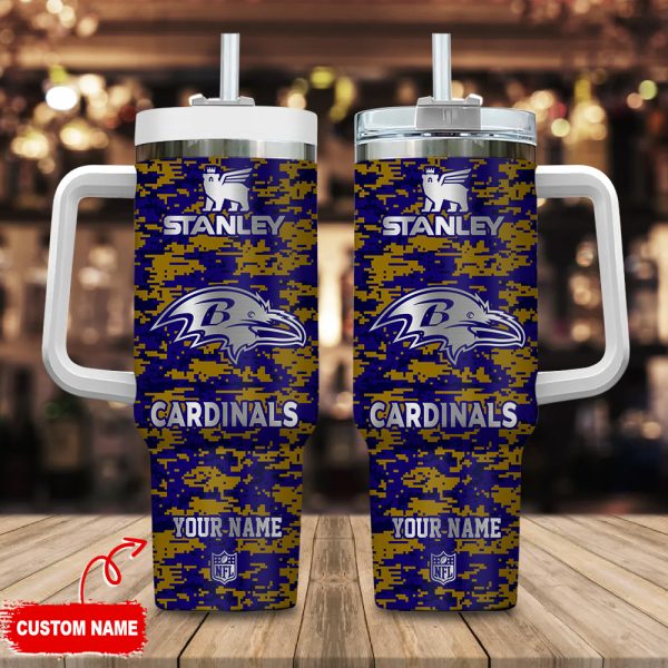 Baltimore Ravens NFL Camouflage Silver Logo Custom Stanley Quencher 30oz-40oz Stainless Steel Tumbler Hot And Cold Tumbler