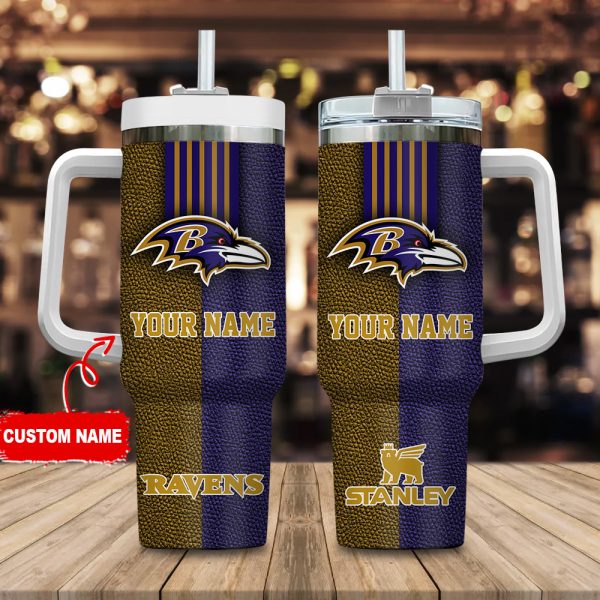 Baltimore Ravens NFL Leather Effect Custom Stanley Quencher 30oz-40oz Stainless Steel Tumbler Hot And Cold Tumbler