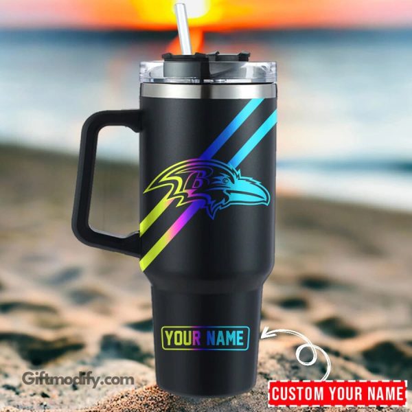 Baltimore Ravens NFL Hologram Logo Custom Stanley Quencher 30oz-40oz Stainless Steel Tumbler Hot And Cold Tumbler
