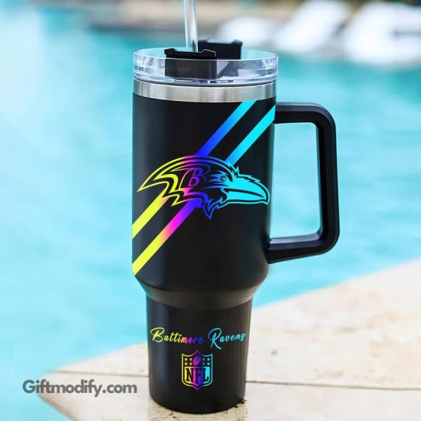 Baltimore Ravens NFL Hologram Logo Custom Stanley Quencher 30oz-40oz Stainless Steel Tumbler Hot And Cold Tumbler - Image 2