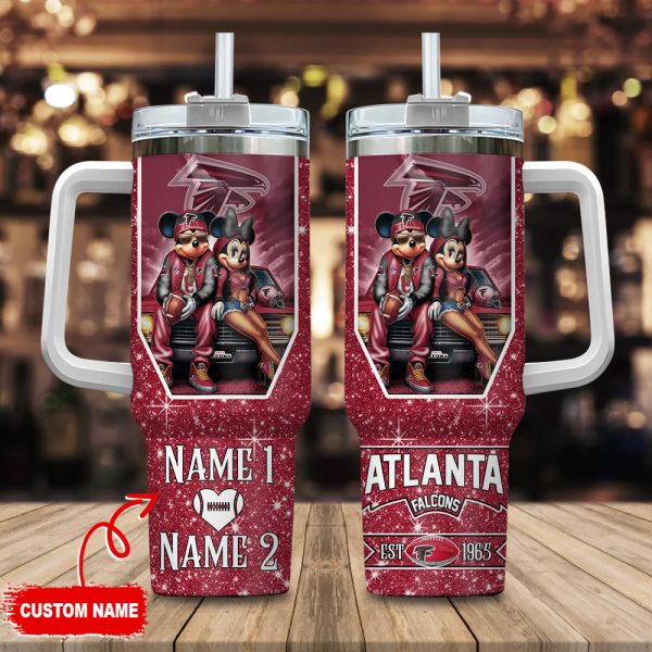 Atlanta Falcons NFL Mickey And Minnie Couple Custom Stanley Quencher 30oz-40oz Stainless Steel Tumbler Hot And Cold Tumbler