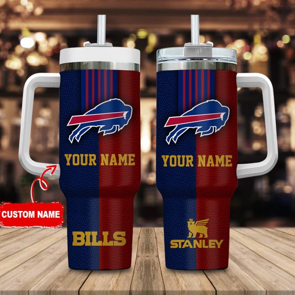Buffalo Bills NFL Leather Effect Custom Stanley Quencher 30oz-40oz Stainless Steel Tumbler Hot And Cold Tumbler