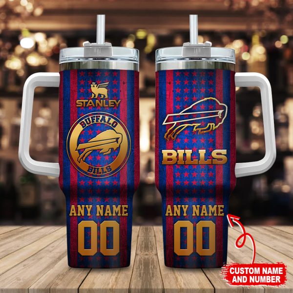 Buffalo Bills NFL Golden Logos US Flag Custom Stanley Quencher 30oz-40oz Stainless Steel Tumbler Hot And Cold Tumbler