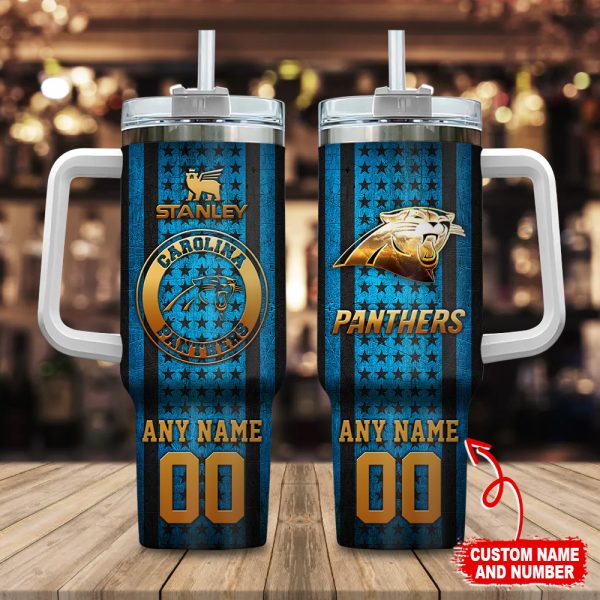 Carolina Panthers NFL Golden Logos US Flag Custom Stanley Quencher 30oz-40oz Stainless Steel Tumbler Hot And Cold Tumbler