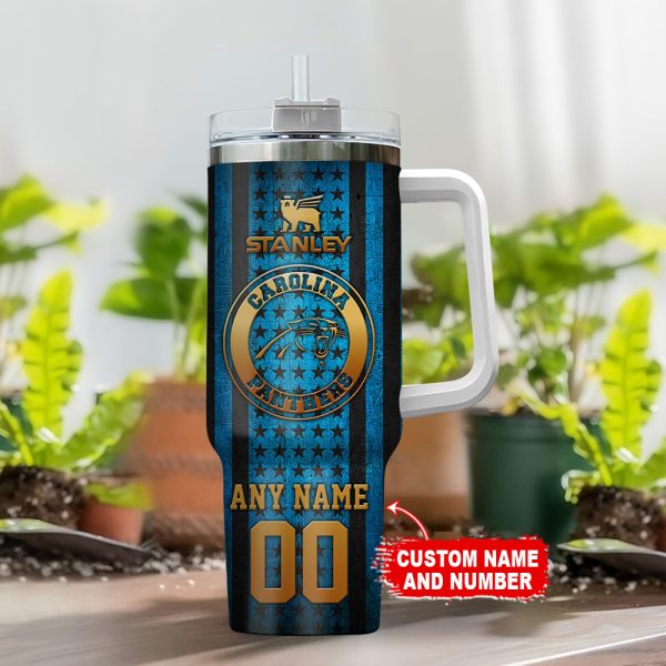 Carolina Panthers NFL Golden Logos US Flag Custom Stanley Quencher 30oz-40oz Stainless Steel Tumbler Hot And Cold Tumbler - Image 2