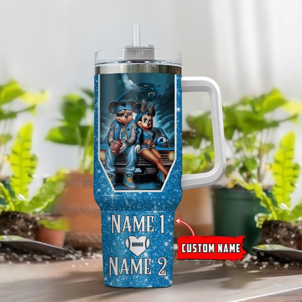 Carolina Panthers NFL Mickey And Minnie Couple Custom Stanley Quencher 30oz-40oz Stainless Steel Tumbler Hot And Cold Tumbler - Image 2