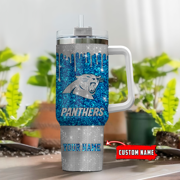 Carolina Panthers NFL Glitter and Diamonds Bling Custom Stanley Quencher 30oz-40oz Stainless Steel Tumbler Hot And Cold Tumbler - Image 2