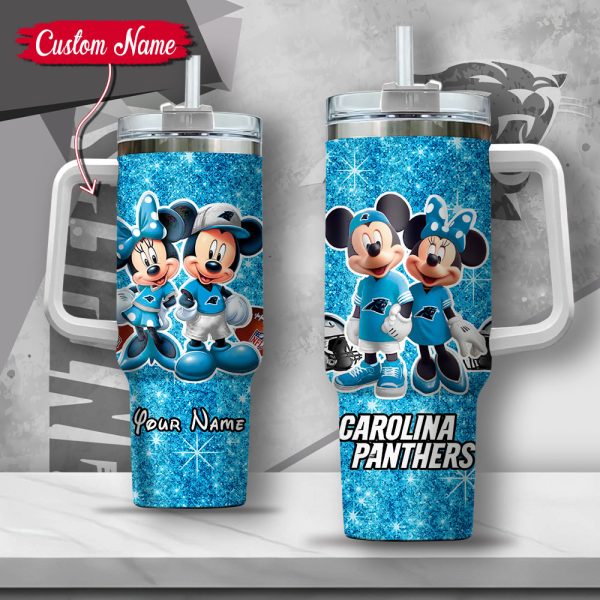 NFL Carolina Panthers Mickey And Minnie Couple Custom Stanley Quencher 30oz-40oz Stainless Steel Tumbler Hot And Cold Tumbler