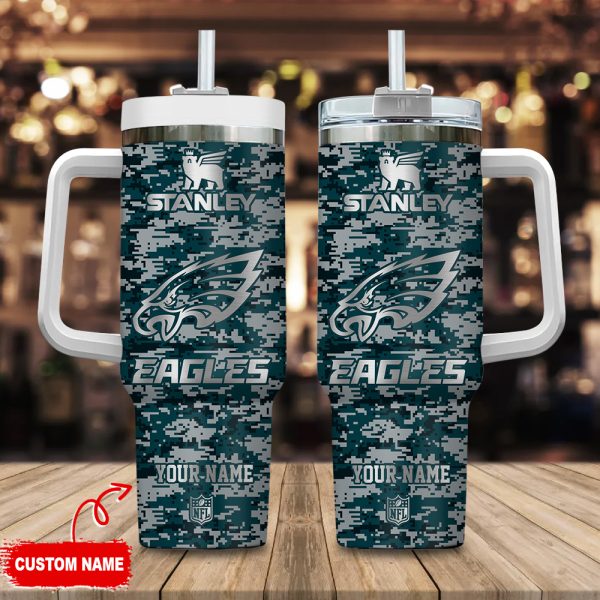 Philadelphia Eagles NFL Camouflage Silver Logo Custom Stanley Quencher 30oz-40oz Stainless Steel Tumbler Hot And Cold Tumbler