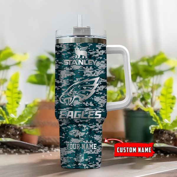 Philadelphia Eagles NFL Camouflage Silver Logo Custom Stanley Quencher 30oz-40oz Stainless Steel Tumbler Hot And Cold Tumbler - Image 2