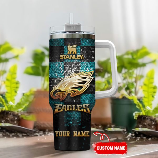Philadelphia Eagles NFL Glitter Golden Logo Custom Stanley Quencher 30oz-40oz Stainless Steel Tumbler Hot And Cold Tumbler - Image 2