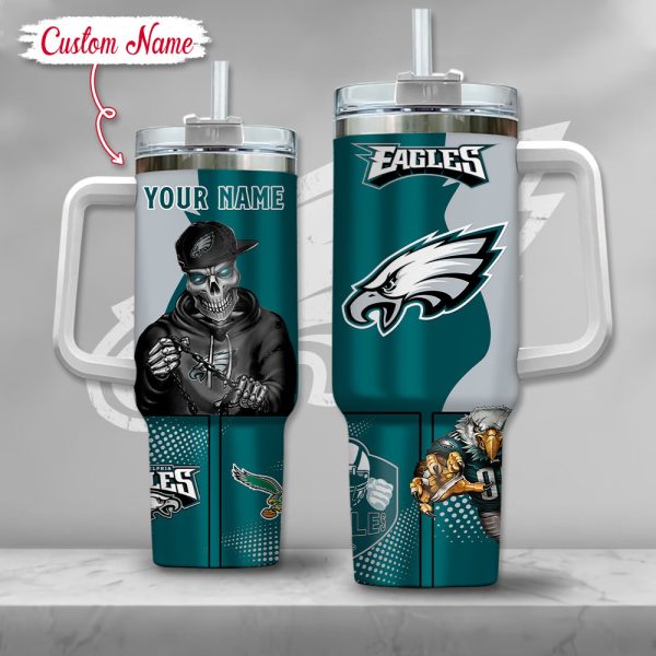 NFL Philadelphia Eagles Gangster Skeleton Custom Stanley Quencher 30oz-40oz Stainless Steel Tumbler Hot And Cold Tumbler