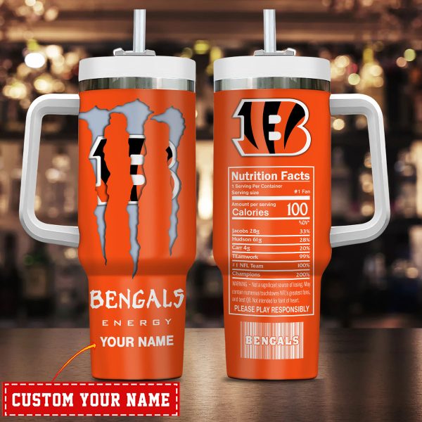 Cincinnati Bengals NFL Energy Nutrition Facts Custom Stanley Quencher 30oz-40oz Stainless Steel Tumbler Hot And Cold Tumbler