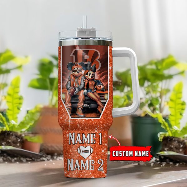 Cincinnati Bengals NFL Mickey And Minnie Couple Custom Stanley Quencher 30oz-40oz Stainless Steel Tumbler Hot And Cold Tumbler - Image 2
