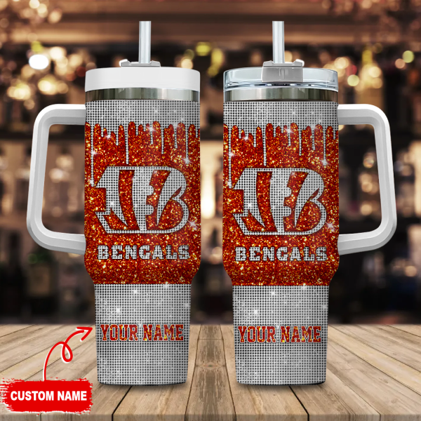 Cincinnati Bengals NFL Glitter and Diamonds Bling Custom Stanley Quencher 30oz-40oz Stainless Steel Tumbler Hot And Cold Tumbler