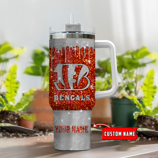 Cincinnati Bengals NFL Glitter and Diamonds Bling Custom Stanley Quencher 30oz-40oz Stainless Steel Tumbler Hot And Cold Tumbler - Image 2