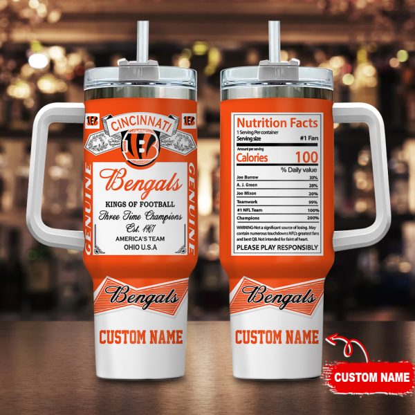 Cincinnati Bengals NFL Nutrition Facts Custom Stanley Quencher 30oz-40oz Stainless Steel Tumbler Hot And Cold Tumbler