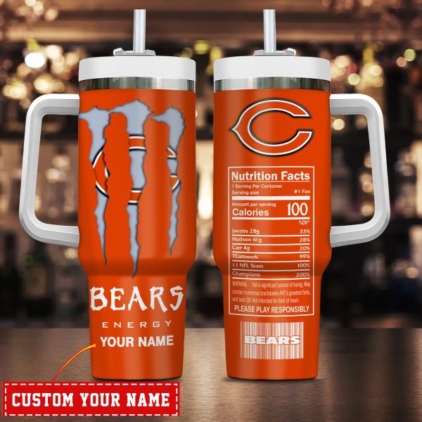 Chicago Bears NFL Energy Nutrition Facts Custom Stanley Quencher 30oz-40oz Stainless Steel Tumbler Hot And Cold Tumbler