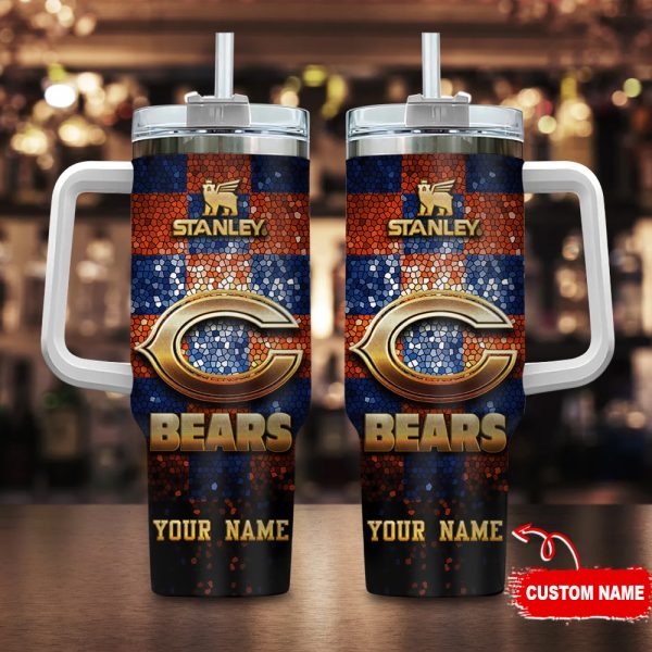 Chicago Bears NFL Glitter Golden Logo Custom Stanley Quencher 30oz-40oz Stainless Steel Tumbler Hot And Cold Tumbler