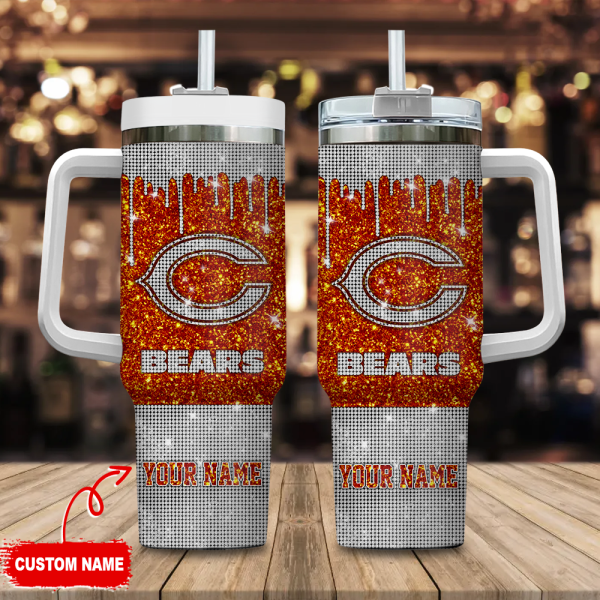 Chicago Bears NFL Glitter Custom Stanley Quencher 30oz-40oz Stainless Steel Tumbler Hot And Cold Tumbler