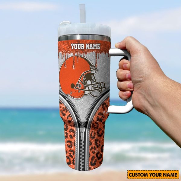 Cleveland Browns NFL Glitter Leopard Print Custom Stanley Quencher 30oz-40oz Stainless Steel Tumbler Hot And Cold Tumbler - Image 2