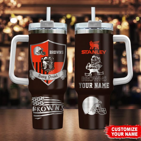 Cleveland Browns NFL Silver Logo Custom Stanley Quencher 30oz-40oz Stainless Steel Tumbler Hot And Cold Tumbler