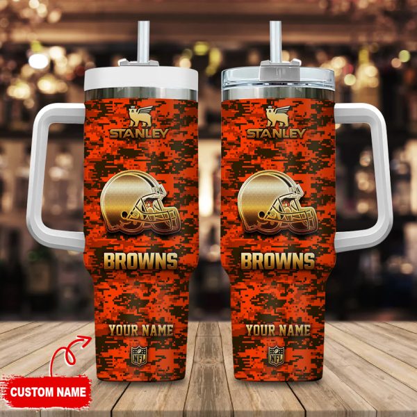Cleveland Browns NFL Camouflage Golden Logo Custom Stanley Quencher 30oz-40oz Stainless Steel Tumbler Hot And Cold Tumbler