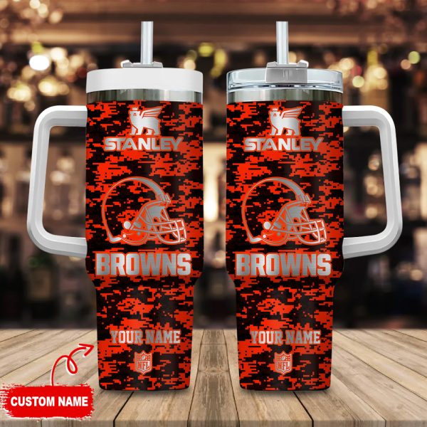 Cleveland Browns NFL Camouflage Silver Logo Custom Stanley Quencher 30oz-40oz Stainless Steel Tumbler Hot And Cold Tumbler