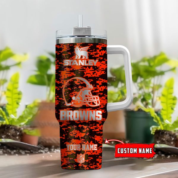 Cleveland Browns NFL Camouflage Silver Logo Custom Stanley Quencher 30oz-40oz Stainless Steel Tumbler Hot And Cold Tumbler - Image 2