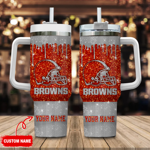 Cleveland Browns NFL Glitter and Diamonds Bling Custom Stanley Quencher 30oz-40oz Stainless Steel Tumbler Hot And Cold Tumbler