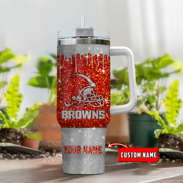 Cleveland Browns NFL Glitter and Diamonds Bling Custom Stanley Quencher 30oz-40oz Stainless Steel Tumbler Hot And Cold Tumbler - Image 2