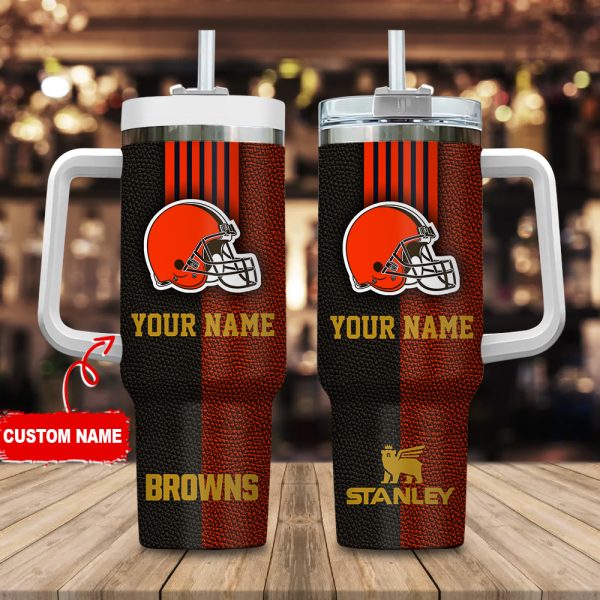 Cleveland Browns NFL Leather Effect Custom Stanley Quencher 30oz-40oz Stainless Steel Tumbler Hot And Cold Tumbler