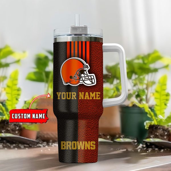 Cleveland Browns NFL Leather Effect Custom Stanley Quencher 30oz-40oz Stainless Steel Tumbler Hot And Cold Tumbler - Image 2