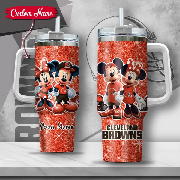 NFL Cleveland Browns Mickey And Minnie Couple Custom Stanley Quencher 30oz-40oz Stainless Steel Tumbler Hot And Cold Tumbler