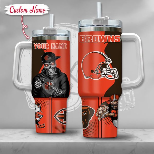 NFL Cleveland Browns Gangster Skeleton Custom Stanley Quencher 30oz-40oz Stainless Steel Tumbler Hot And Cold Tumbler