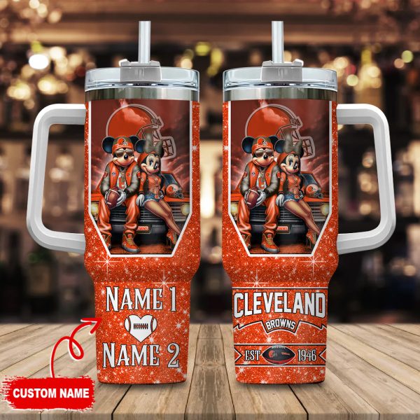 Cleveland Browns NFL Mickey And Minnie Couple Custom Stanley Quencher 30oz-40oz Stainless Steel Tumbler Hot And Cold Tumbler