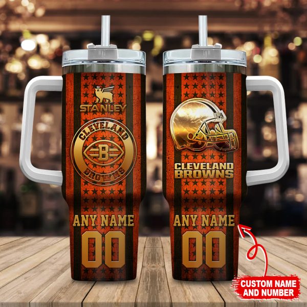 Cleveland Browns NFL Golden Logos US Flag Custom Stanley Quencher 30oz-40oz Stainless Steel Tumbler Hot And Cold Tumbler